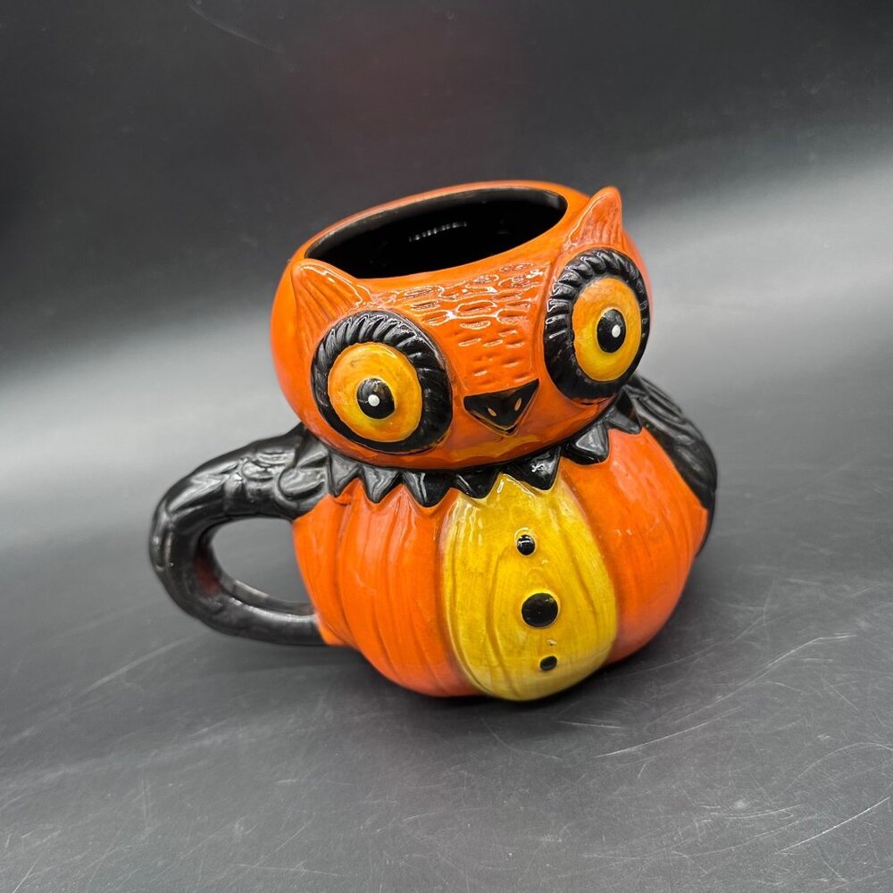 Johanna Parker Halloween Owl Mug Retro Pumpkin Coffee Cup Orange Black Kitsch